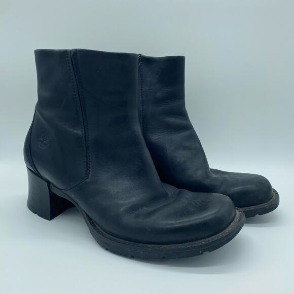 Timberland Women's size 7 Alyse Black Leather Block Heel Ankle Boots Moto - Picture 1 of 11
